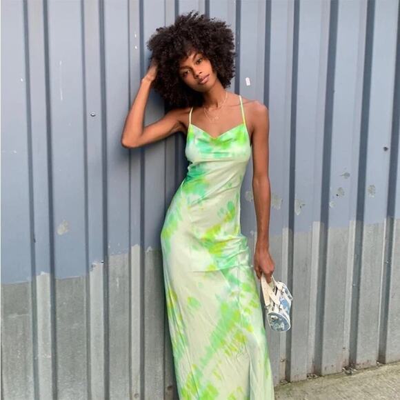 Rat & Boa Juniper Cowl Neck Silk Maxi Gown/Dress Neon Green/White Size XXS - Picture 5 of 10